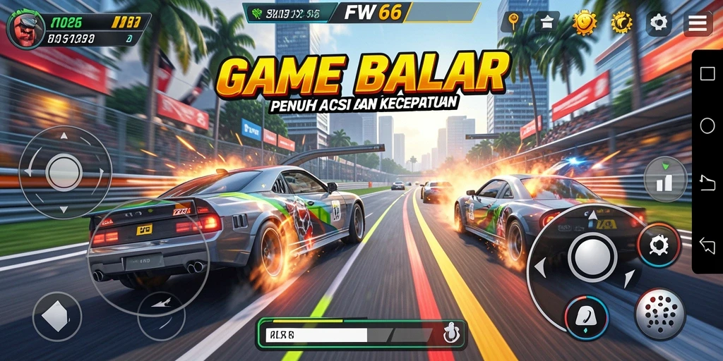 Tampilan gameplay FW66 yang mendebarkan saat balapan.